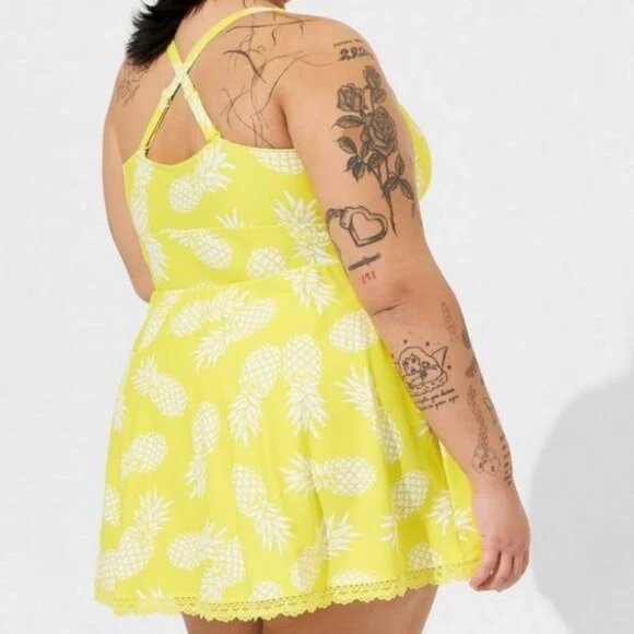 Torrid Yellow Pineapple Wireless Swim Dress With Brief Bathing Suit NWT - Picture 2 of 4